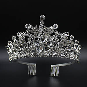 Корона діадема висота 7 см на металевій основі з гребінцями сріблястого кольору з кристалами та камінням