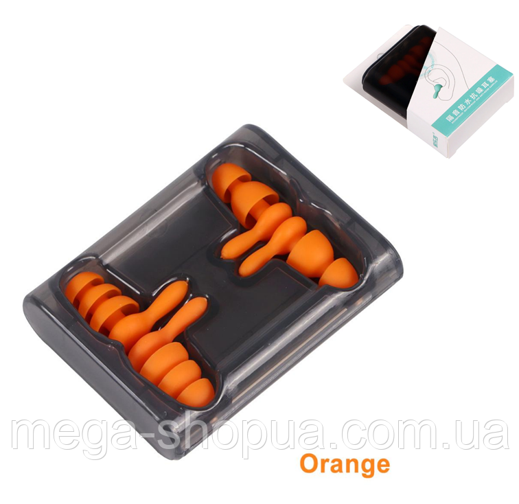 Багаторазові силіконові беруші для сну - 2 пари Soundproof Earplug Orange з контейнером від шуму та води