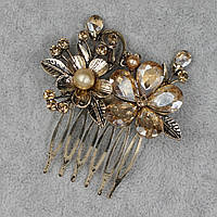 Гребінець золотистий для волосся з золотистими перлинами та камінням квіточок 6х4,5 см