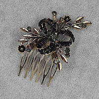 Гребінець для волосся золотистого кольору квіточок із сіро-зеленими камінцями 6 зубців розмір 70х68 мм