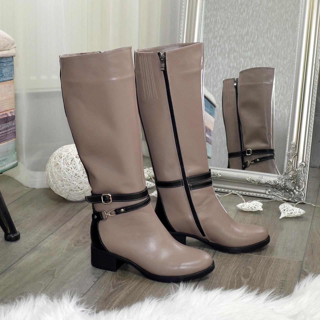 Чоботи жіночі на невисоких підборах, колір візон/чорний, фото 1