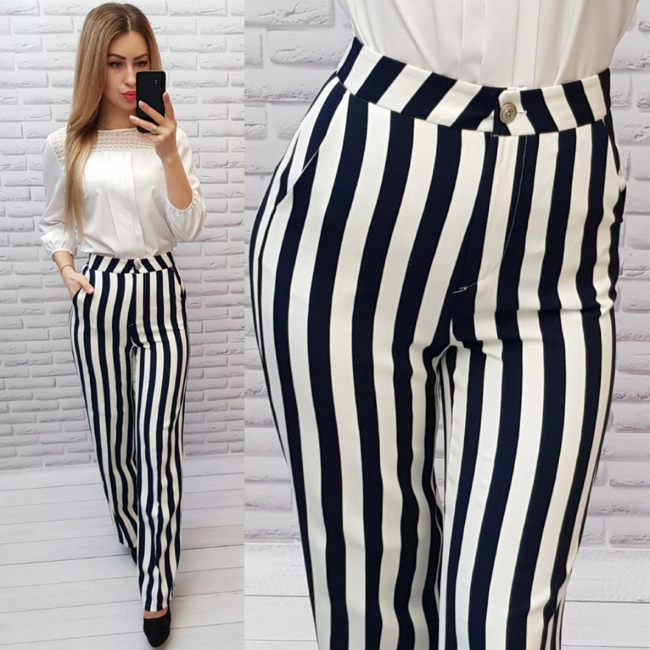 Брюки кльош в смужку арт. 188 темно-синя з білим смужка