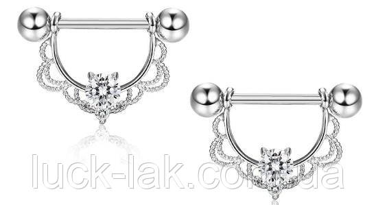 Пірсинг, штанги для сосків ажурна з кристалом, пара, фото 1