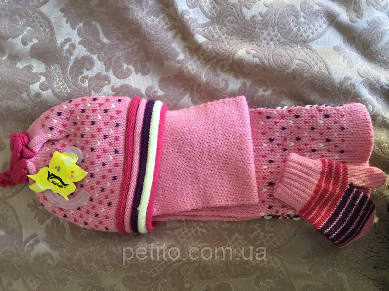 Рожевий комплект для дівчинки з шарфом, шапочкою і рукавичками, фото 1