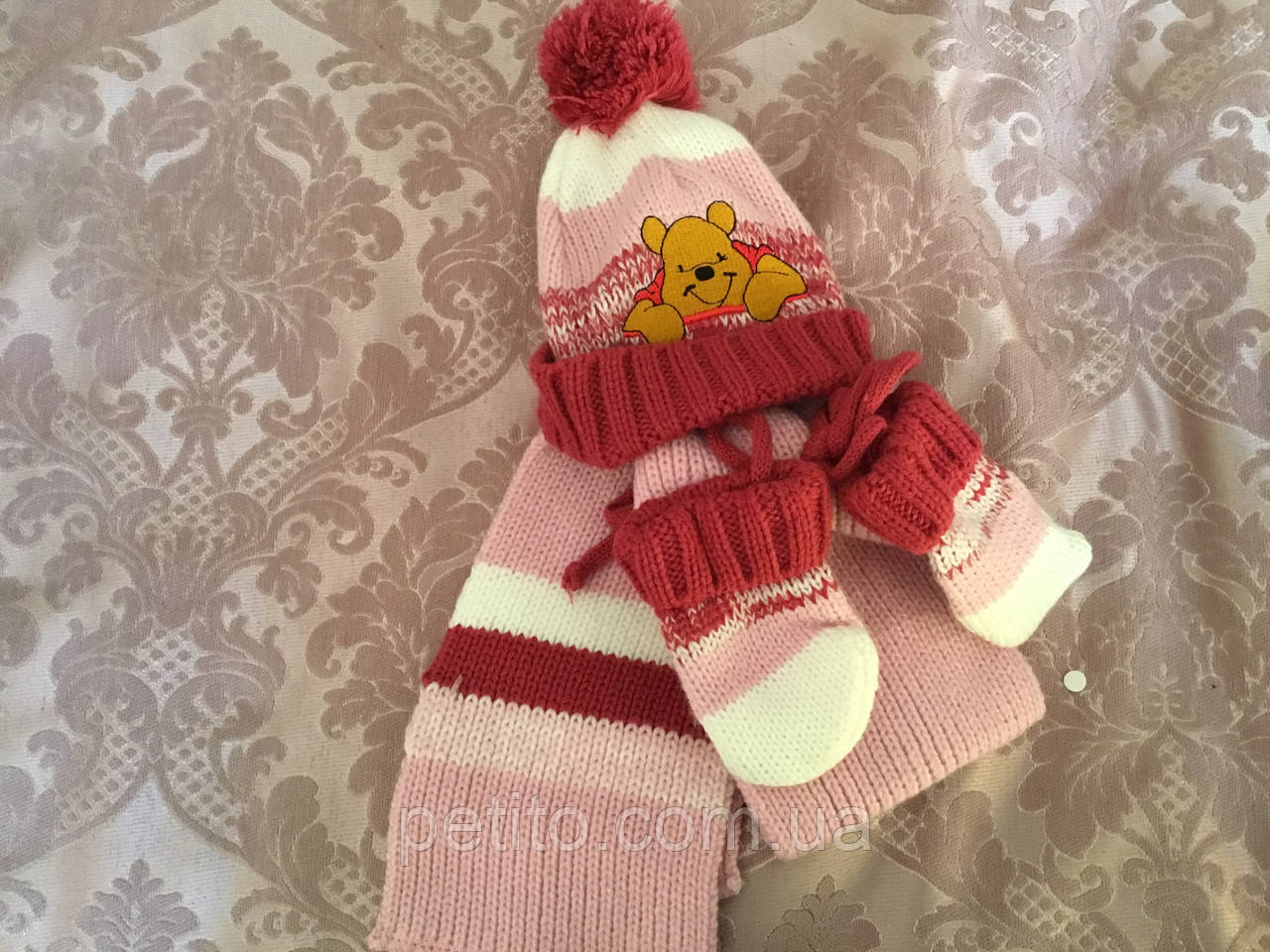 В'язана шапочка з шарфиком і рукавицями для дівчинки, фото 1