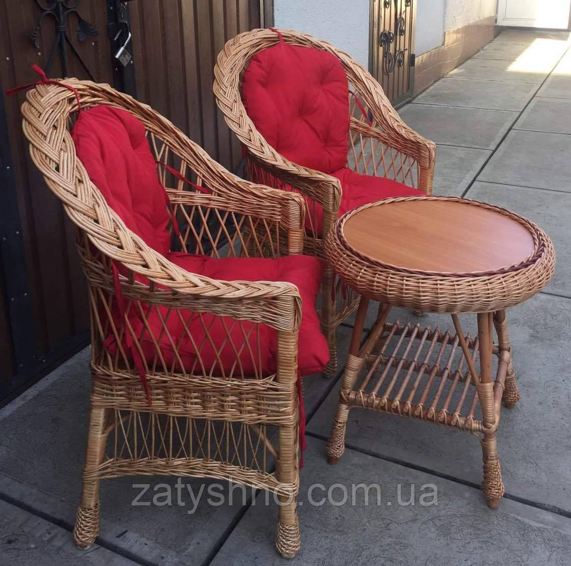 Меблі плетені з лози ⁇ набір плетених меблів із подушками ⁇ 2 крісла та стіл із лози, фото 1