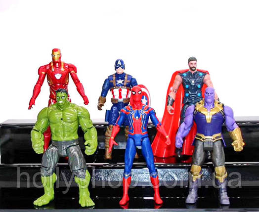 Ігрові фігурки "Avengers" Месники Халк, Танос, Тор, Спайдермен, Капітан Америка — 17 см, світло, рухомі. 6 шт., фото 2