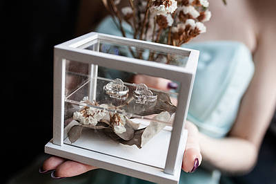 Прозора весільна скринька для обручок "Сяйво" з білим обрамленням та нішею для декору, 11*8*9см. України