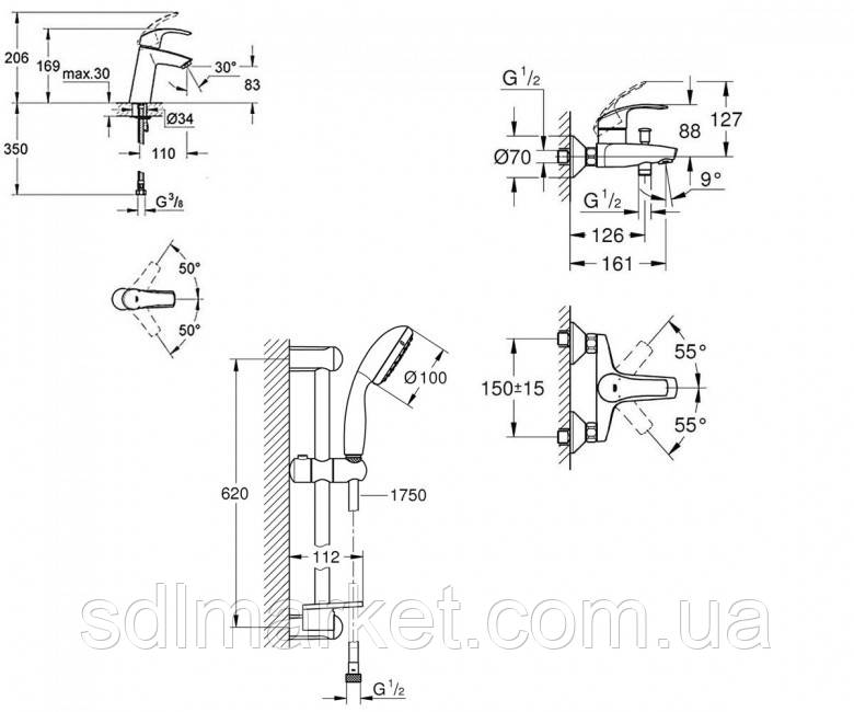 Набор смесителей GROHE Eurosmart 123246M для ванны 3 в 1 - фото 2 - id-p514553198