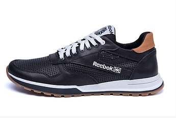 Чоловічі шкіряні літні кросівки , перфорація Reebok Classic black чорні