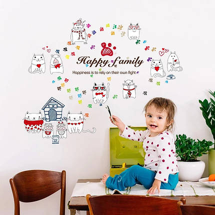 Вінілові наклейка на стіну в дитячу, в ванну "Happy Family" веселі коти 85см*60см (лист 50*70см), фото 2