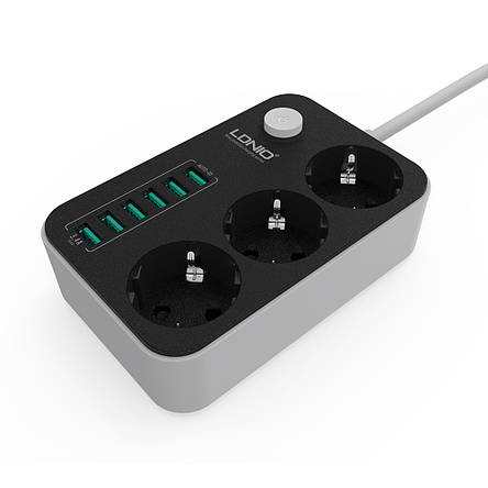 Мережевий подовжувач LDNIO SE3631 НА 3 розетки, 6 USB 1,6 м Black-Gray, фото 2