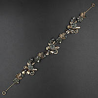 Гілочка в зачіску для волосся золотиста із сірими намистинами та камінням квіточки 28 см із двома неведимками