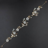 Гілочка в зачіску для волосся золотиста з намистинами та смарагдовими стразами квіточки 28 см із двома неведимками