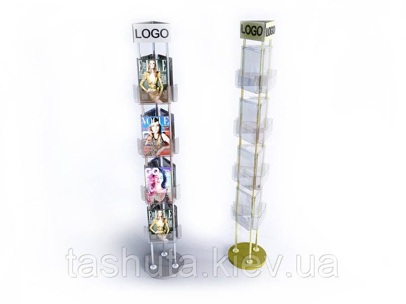 Тристороння стійка під рекламні буклети на 12 кишень А4 (Від: Без шапки;  Колір труби: Золото; Підставка: