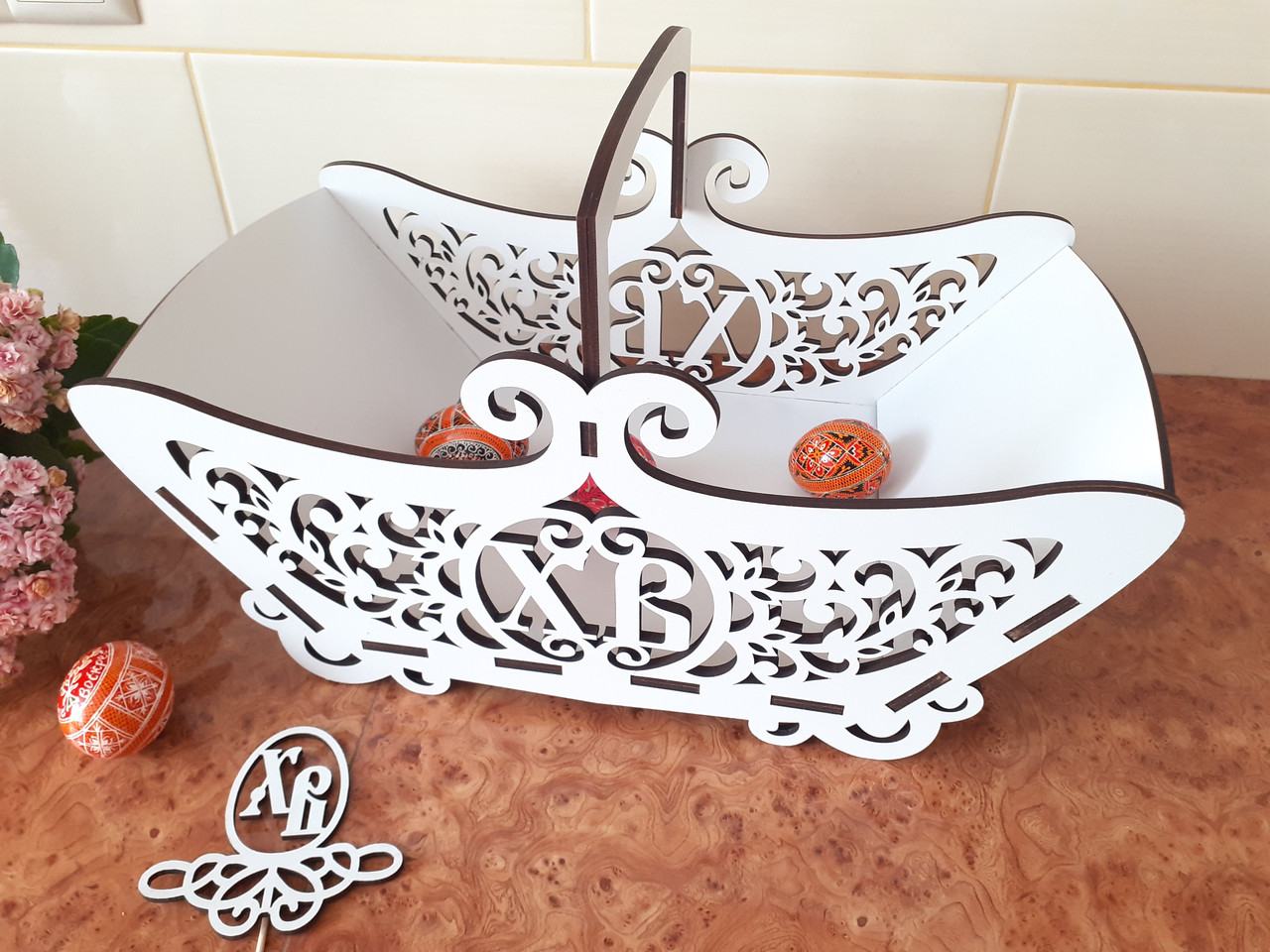 Великодній кошик з декором.Пасхальная корзина. Пасхальный декор. Корзина для паски., фото 1