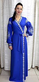 Довга жіноча сукня синього кольору на запах "Вікторія"