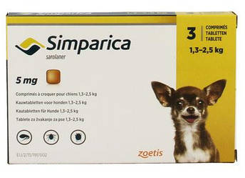 Засіб догяду для собак від бліх і кліщів для собак вагою 1,3-2,5 кг, Сімпаріка, ціна за 1 табл.