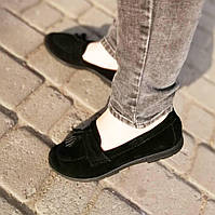 Мокасины туфли лоферы женские из натуральной замши чёрные с кисточками