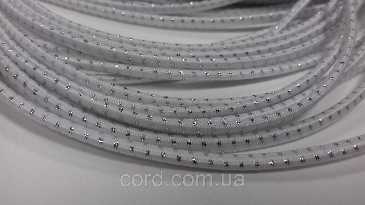 Гумка капелюшна, кругла 2,5мм білий+срібло моток 50м, фото 1