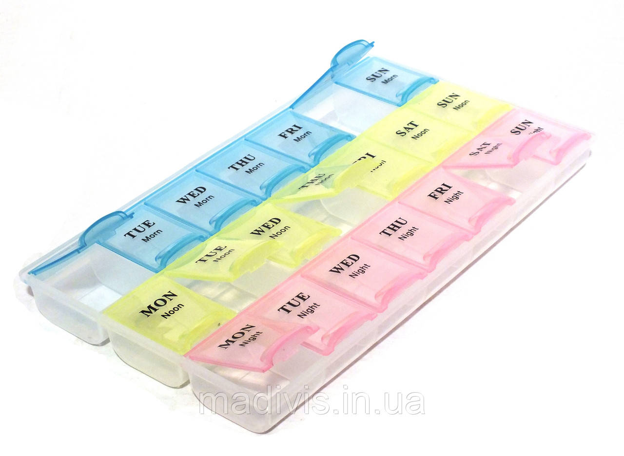 Контейнер для таблеток на тиждень, органайзер таблетниця на 21 відділення (3 приймання на день) 21,5х12х2 см., фото 1
