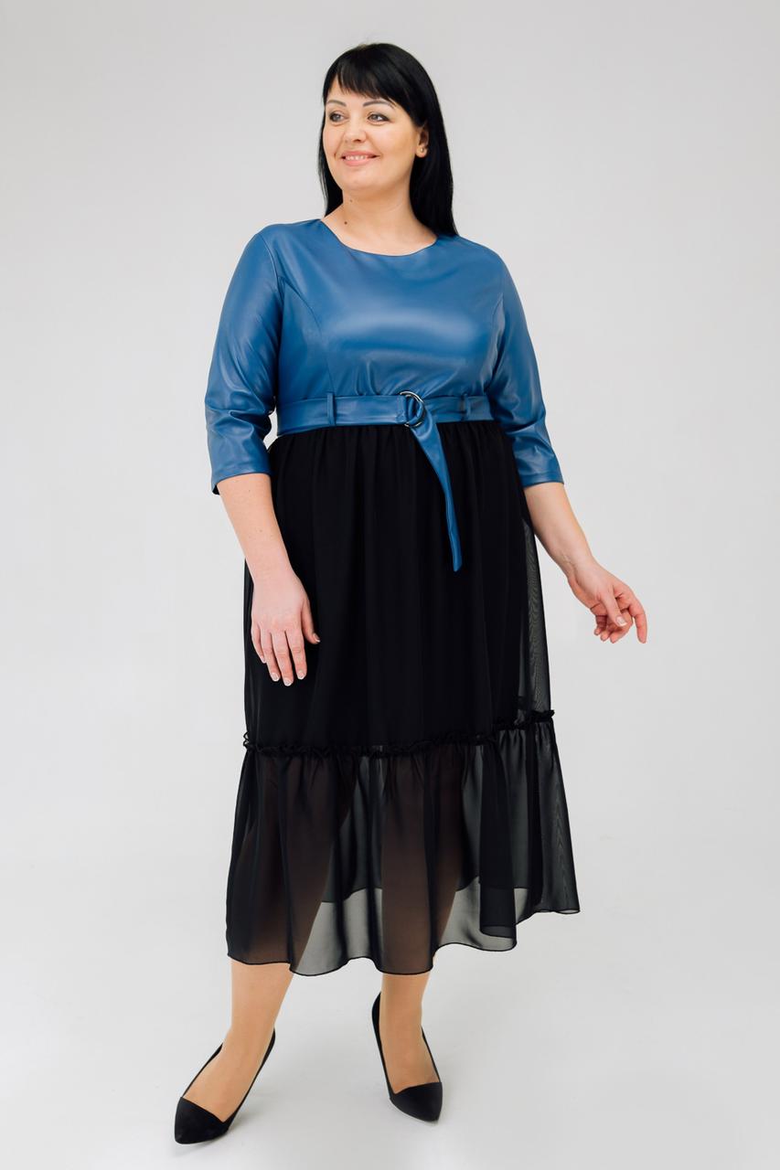 Батальне сукня А-силуету з еко-шкіри та шифоновою спідницею розміри 52, 54