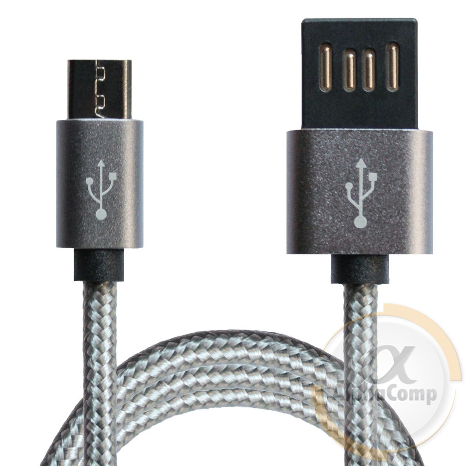 Кабель USB 2.0 (AM/microUSB) 1 м Grand-X 2.1A сірий/чорний, обплетення, симетр.