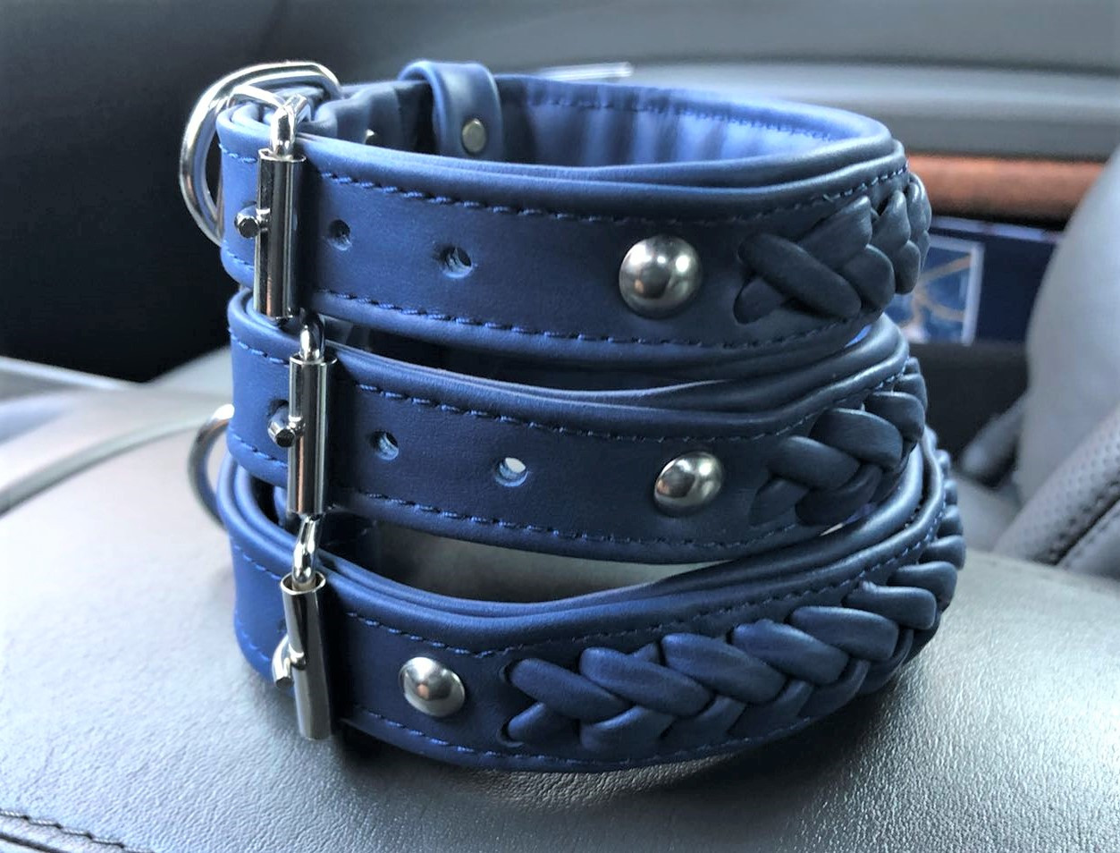 Шкіряний нашийник для собак "Lockdog" з плетінням синій