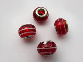Намистина в стилі "Pandora", скло червона з білими розводами