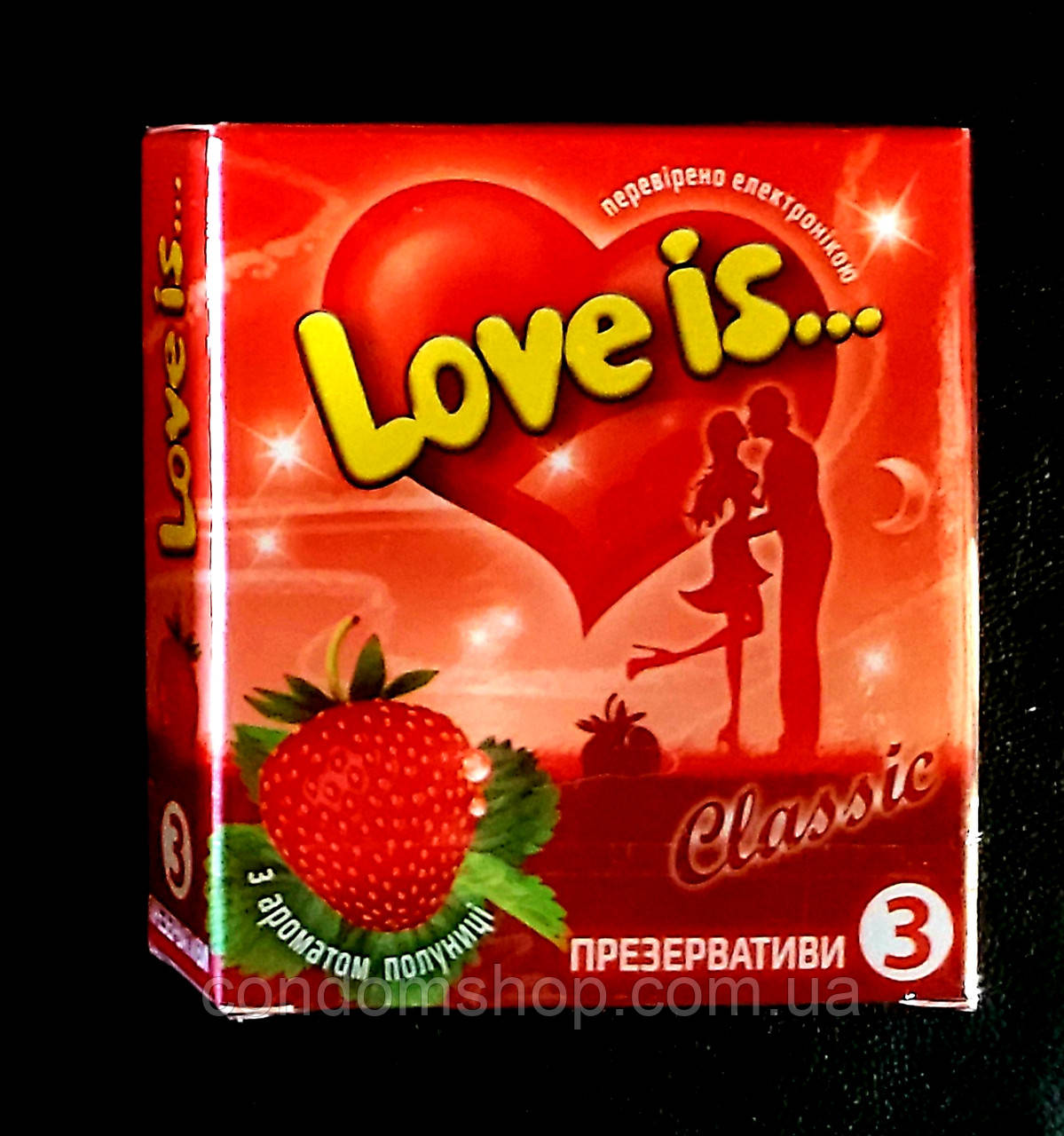 Презервативи LOVE IS преміум із КЛУБНИКОЮ й коміксом-вкладкою, 3 шт. Великобританії.