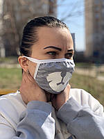 Жіноча захисна маска для обличчя, сірий колір, багаторазова, білий принт мордочка панди, дизайн 1