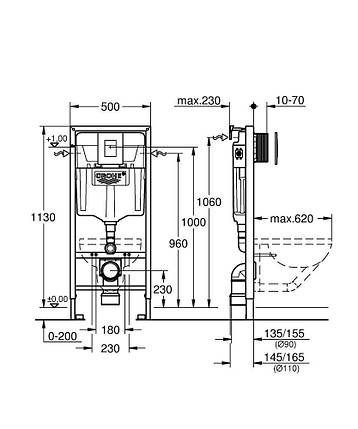 Інсталяція для підвісного унітаза GROHE Rapid SL комплект 3 в 1 з хромованою кнопкою, фото 2