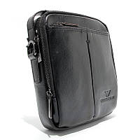 Чёрная мужская вертикальная сумочка через плечо, Наплечная мини сумка органайзер из натуральной кожи