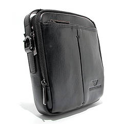 Чорна чоловіча вертикальна сумочка через плече, Наплічна міні сумка органайзер з натуральної шкіри