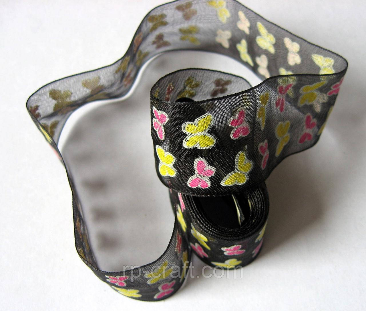 Стрічка органза, з метеликами, 26 мм, чорна, 1,59 метри, фото 1