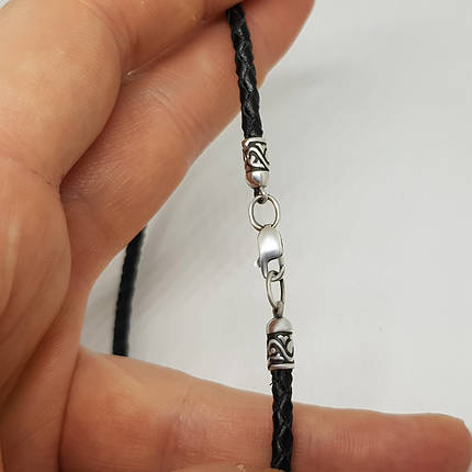 Шнур 3 мм. шкіряний, плетений зі срібними 925пр. конечниками та замком, плетений візерунок, фото 1