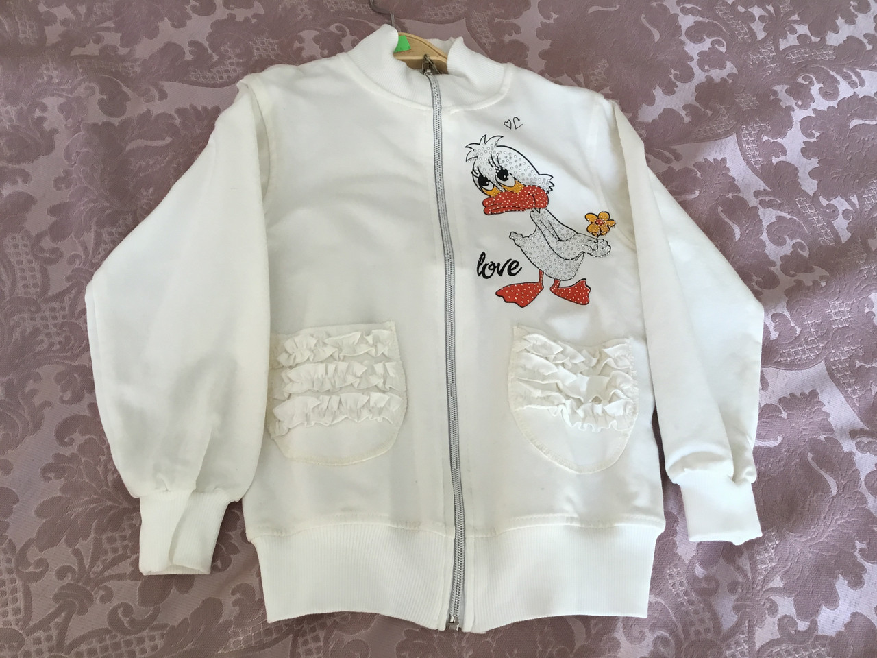 Біла кофта для дівчинки з блискавкою в спортивному стилі, фото 1
