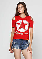 Женская футболка коттон с принтом и разрезами 8192 Красный