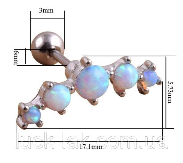 Сережка для пірсингу хряща вуха з опалами, фото 1