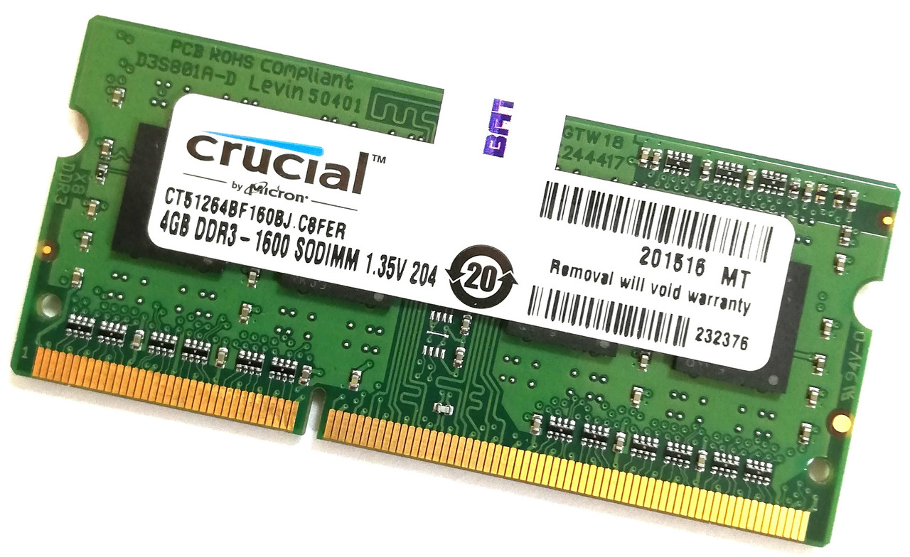 Оперативна пам'ять ноутбука Crucial SODIMM DDR3L 4G 1600MHz PC3L-12800s 1R8 CL11 (CT51264BF160BJ.C8FER) Б/В