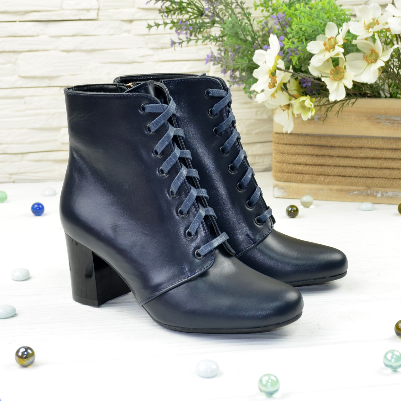 Класичні жіночі черевики на шнурівці, синя шкіра натуральна, фото 1