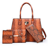 Набор элегантных женских сумок 4 в 1 экокожа под питона коричневый цвет