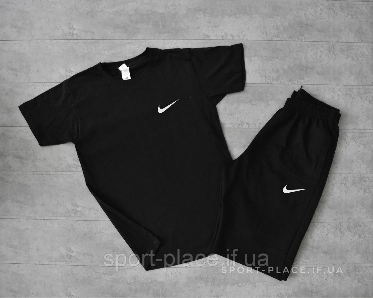 Літній комплект шорти і футболка Nike (Найк) (чорна футболка , чорні шорти) маленький логотип