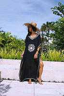 Длинная пляжная туника-платье черного цвета с вышивкой
