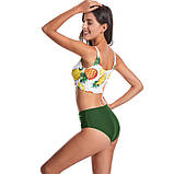 Купальник жіночий роздільний з високою талією і топ з принтом, зелений, фото 2