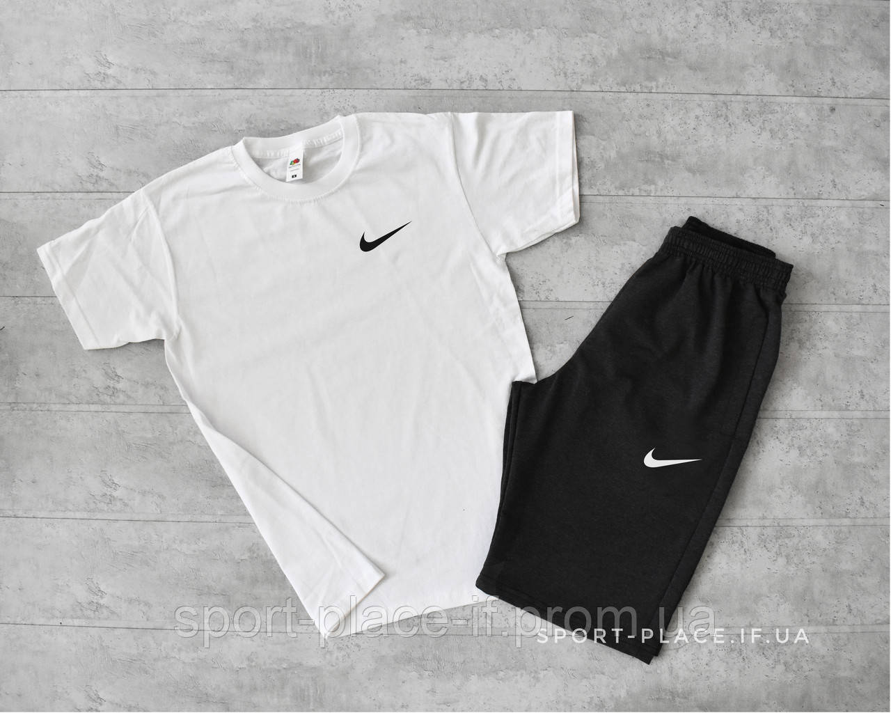 Літній комплект шорти і футболка Nike (Найк) (біла футболка , темно сірі шорти з білим лого) маленький лого