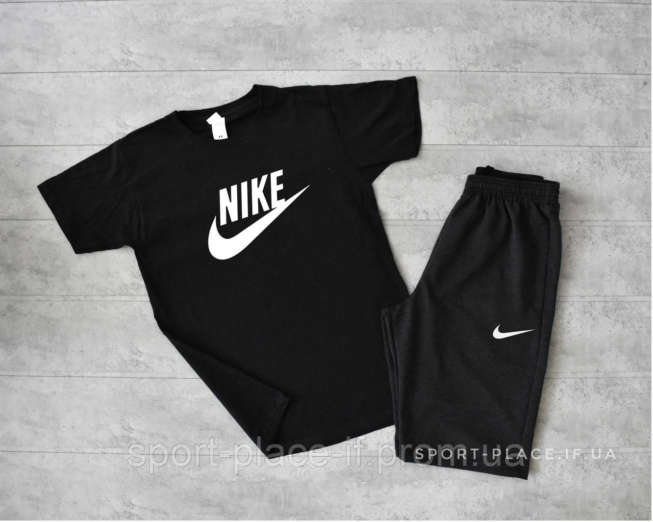 Літній комплект шорти і футболка Nike (Найк) (чорна футболка , темно сірі шорти з білим лого) великий лого
