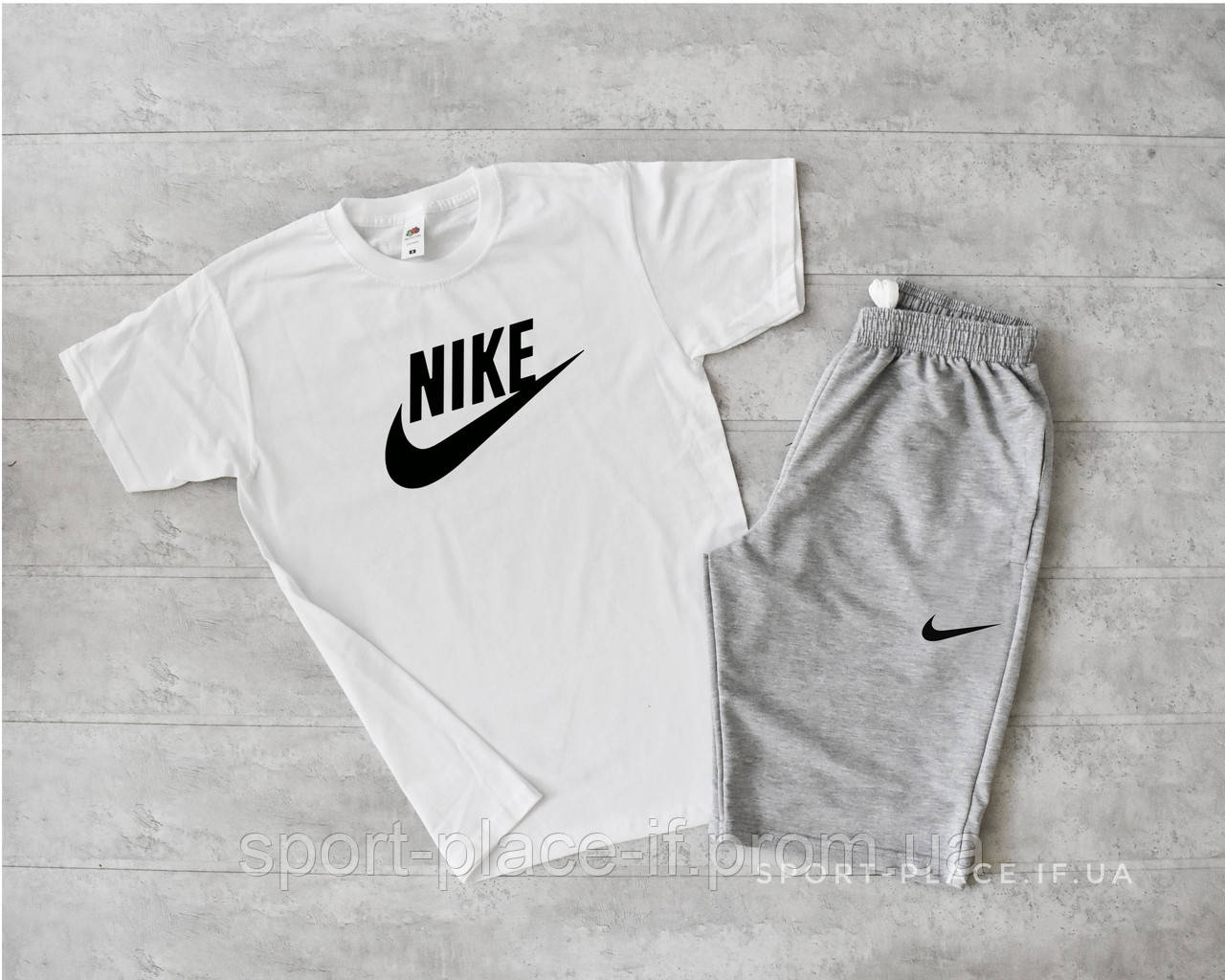 Літній комплект шорти і футболка Nike (Найк) (біла футболка , світло сірі шорти) великий логотип