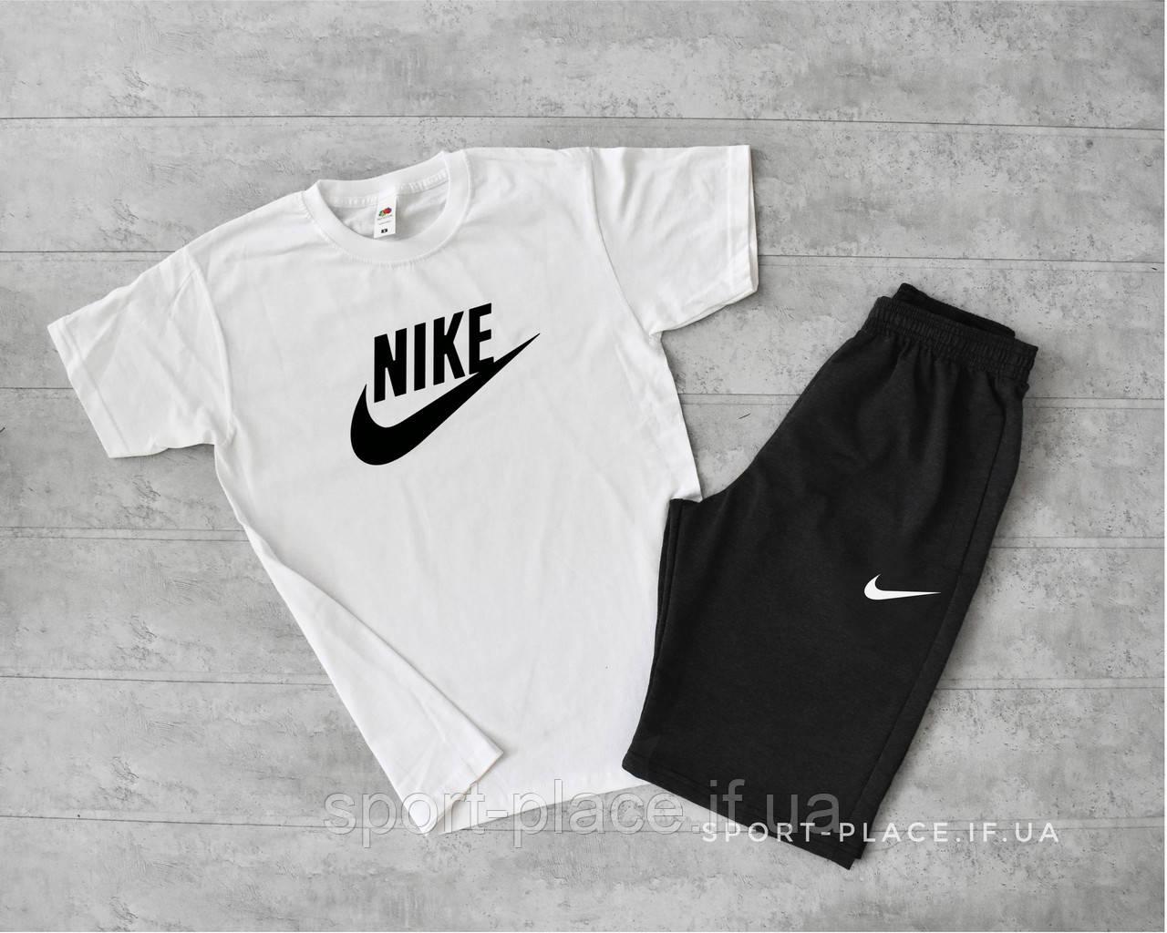 Літній комплект шорти і футболка Nike (Найк) (біла футболка , темно сірі шорти з білим лого) великий логотип