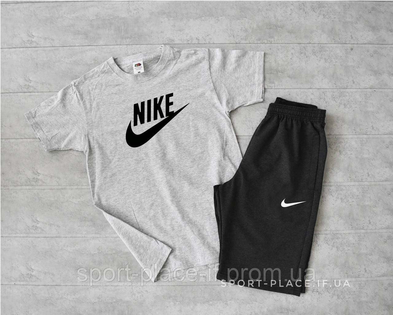 Літній комплект шорти і футболка Nike (Найк) (сіра футболка , темно сірі шорти з білим лого) великий логотип